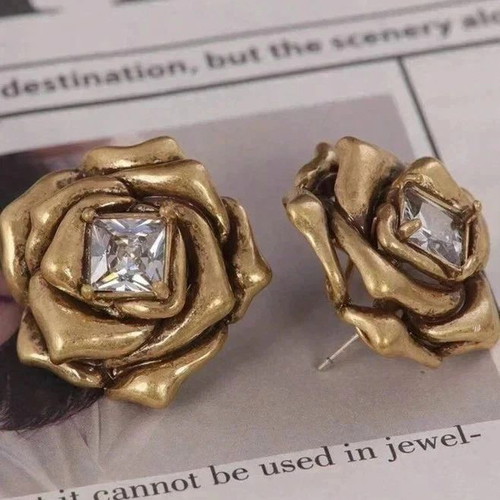 Vintage Gold Tone Rose Stud Earrings with Crystal