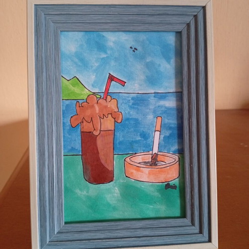 Frappé Drawing Inspired by Greek Summer, New, Watercolor and Ink