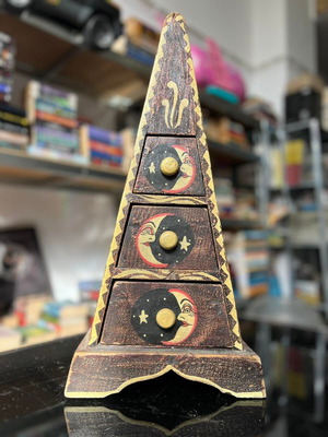 Wooden decorative pyramid with three drawers used, vintage ethnic style