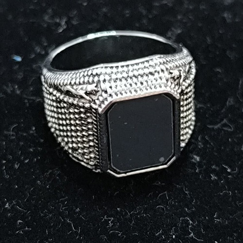 Men's signet ring with black stone, stainless steel, new