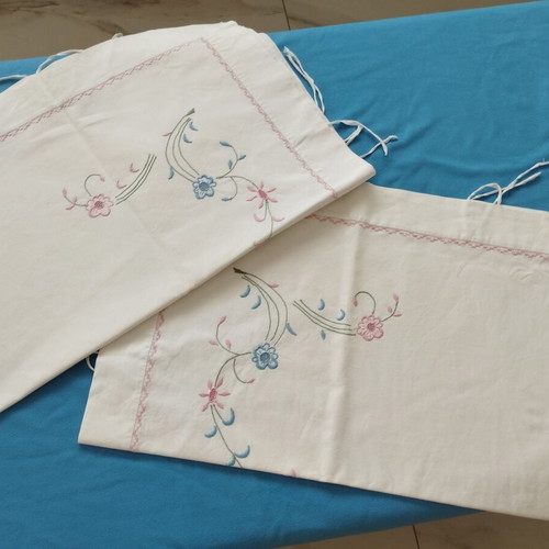 Handmade XL pillowcases pair 1m with floral embroidery and cross-stitch