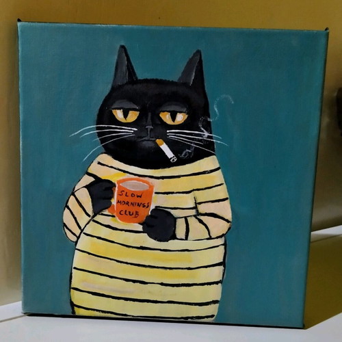 Cat motif canvas painting new with acrylics 20×20 cm
