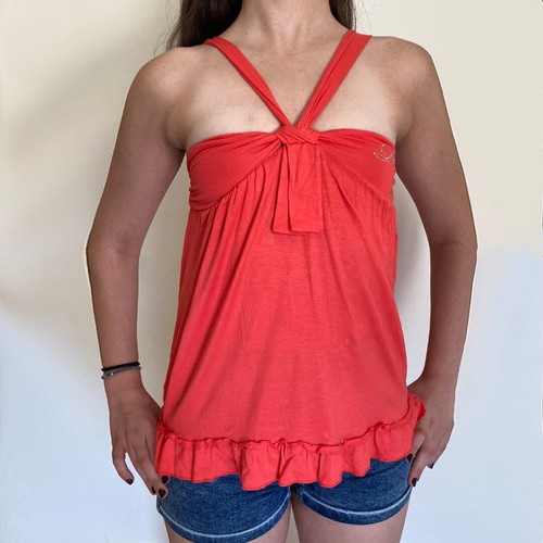 Raxevsky orange blouse like new, halter neckline with ruffle and strass