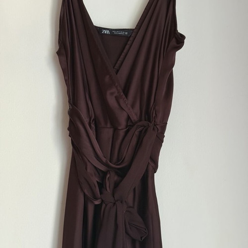 ZARA slip dress, brown, satin weave, long with belt