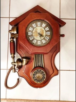 Wall Clock Telephone wooden, like new, analog, 51 cm