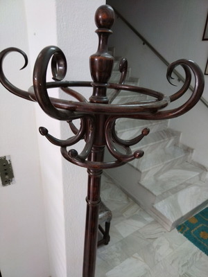 Wooden Coat Stand used, tall with spherical tops and wide four-leg base