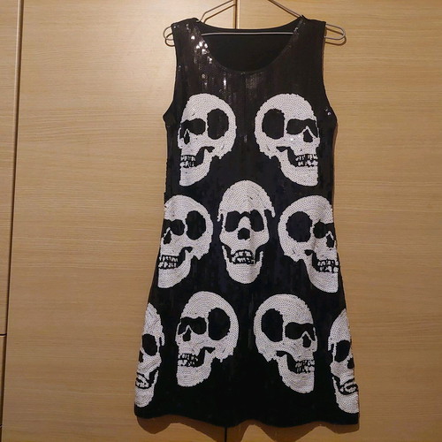 Rock dress black sequin with white skulls like new