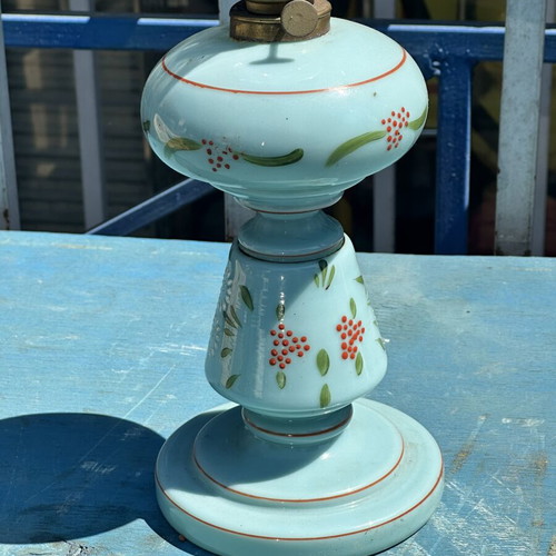 Vintage opaline oil lamp used with hand-painted floral decor 45x11.5 cm