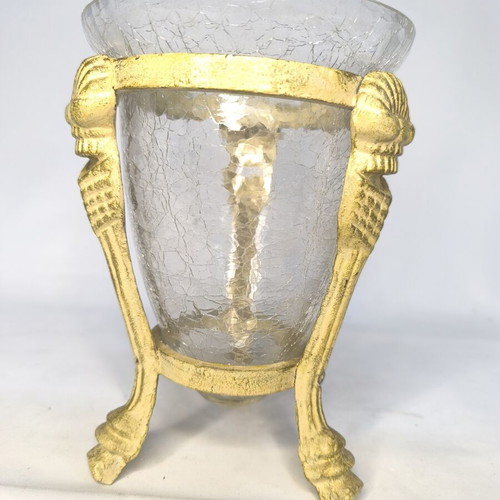 Decorative glass vase with three metal legs like new