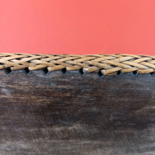 Ethnic serving platter handmade from wood and rattan
