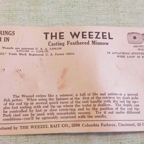 The Weezel Casting Feathered Minnow vintage fishing lure used