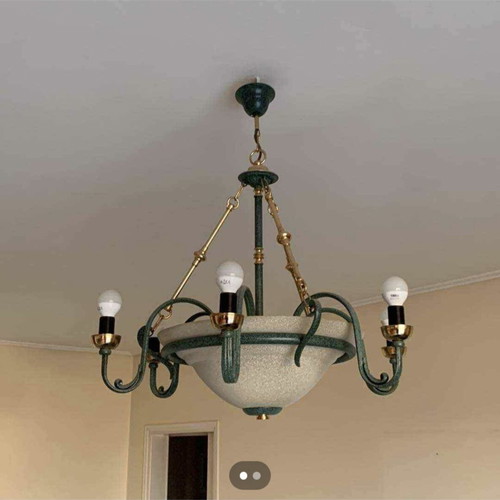 Vintage ceiling chandeliers set of 2 used, 6-light green bronze metal