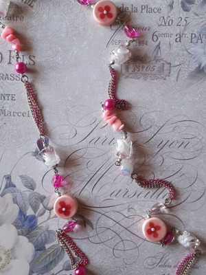 Romantic Long Necklace In Pink, Fuchsia And Sky Blue Tones