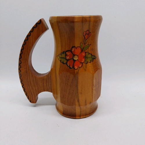 Large wooden mug with handle from Germany used, hand painted