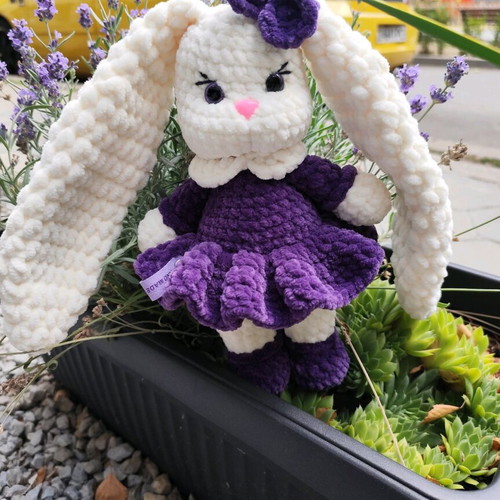 Handmade plush bunny 27 cm new with purple dress