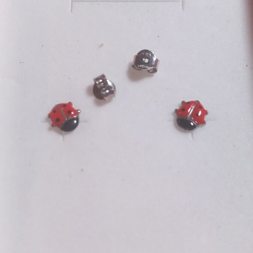 Children's silver 925° earrings with enamel ladybugs, new