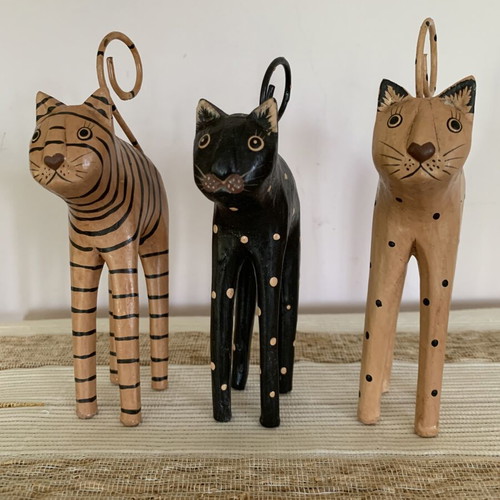 Handmade wooden cat set of 3 with wire tails, new