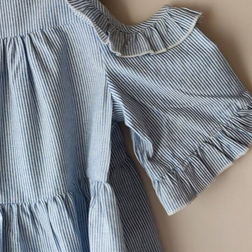 Blue Vanilla blouse shirt with open shoulders and ruffles, new, size S