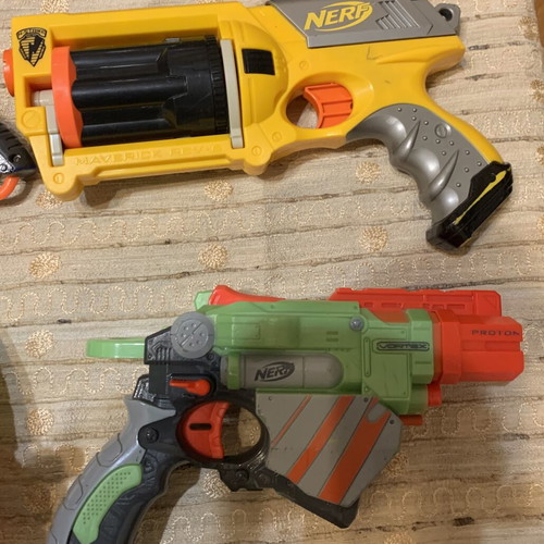 Nerf plastic guns used, set of 6, one bow needs rubber replacement