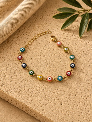 Gold bracelet with colorful evil eye charms, new stainless steel