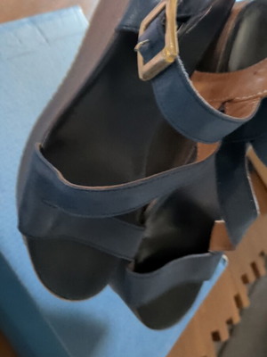 Tsouderos platform sandals used, blue leather, wide fit, wood heel