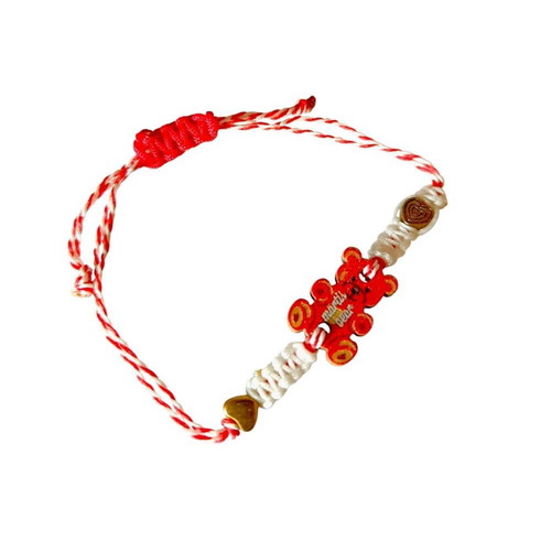 Handmade Martaki macrame bracelet with wooden bear and metal hearts, adjustable, new