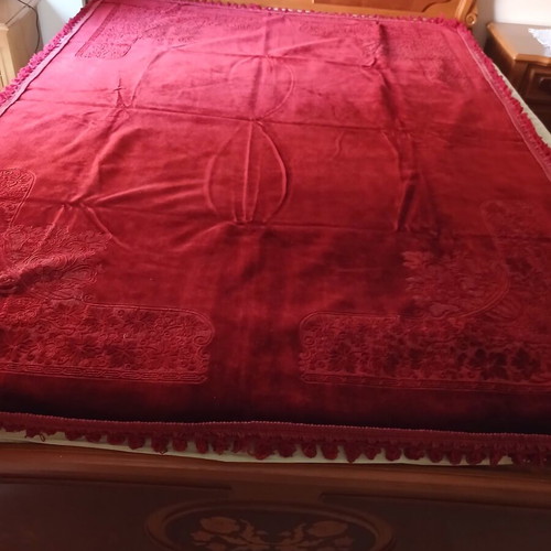 Vintage velvet narrow rectangular tablecloth, burgundy, embossed corners