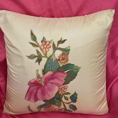 Hand-painted all-silk pillow with hibiscus new