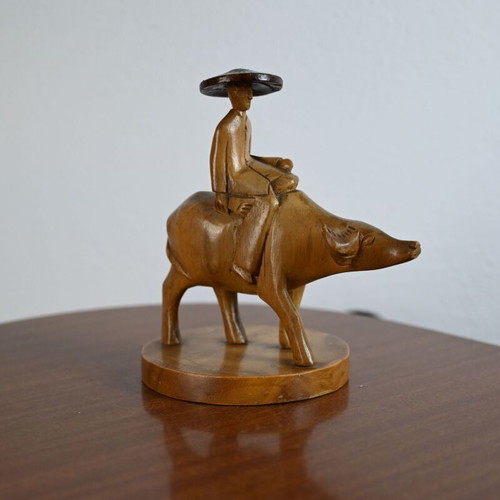 Handmade wooden sculpture farmer on buffalo, height 17 cm, like new
