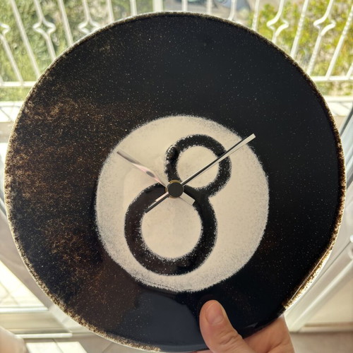Handmade wall clock with black billiard ball design, glass