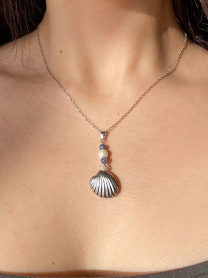 Handmade stainless steel necklace with blue aventurine, shell and pearl made to order