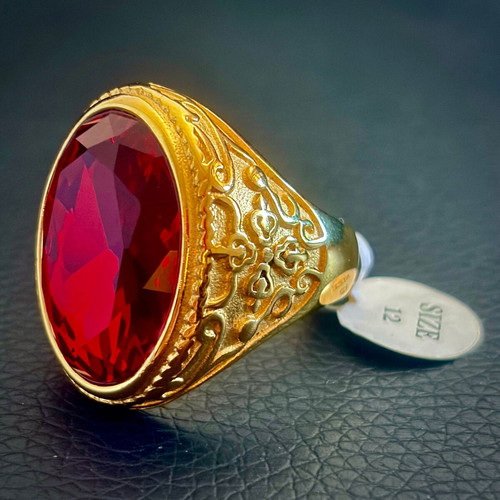 Ruby Sultan stainless steel ring with red crystal, M FORGE