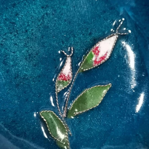 Cloisonné type plates set used, two pieces, brass with enamel