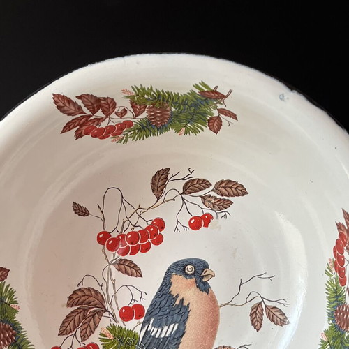 Vintage enamel bowl USSR with bullfinch design, 18cm, like new