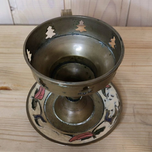 Candle Holder Incense Burner vintage solid brass with hand-painted design