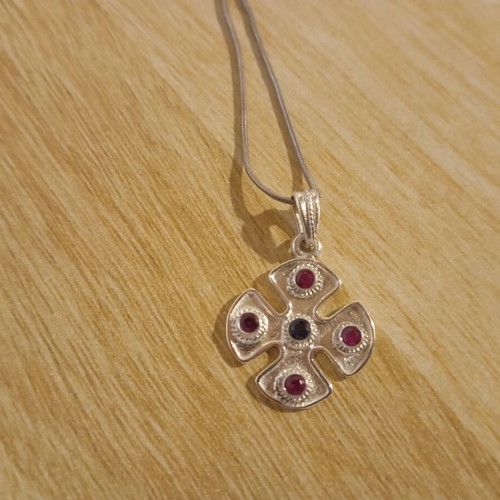 Silver cross and chain set 925, Byzantine style with red and blue stones