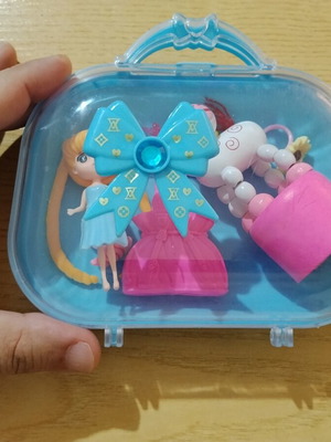 Toy suitcase with doll and accessories used, set
