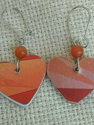 Earrings red hearts handmade new, geometric paper