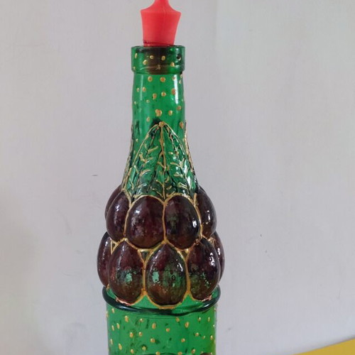 Glass bottle with colored tap like new, hand decorated