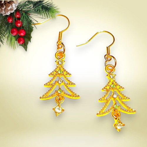 Handmade stainless steel Christmas tree earrings new with emerald and zircon
