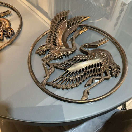 Handmade copper wall decorations set of 2 with stork relief