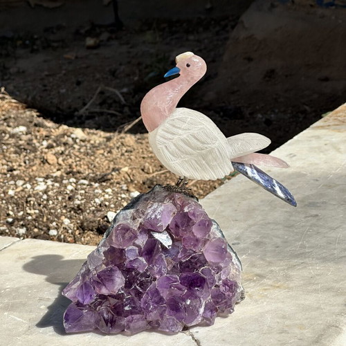 Handmade decorative bird from quartz on raw amethyst, used, 20x15 cm