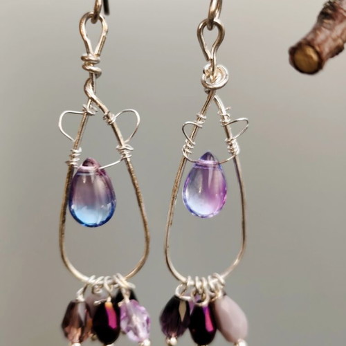 Handmade silver plated copper wire wrapped earrings with purple glass beads