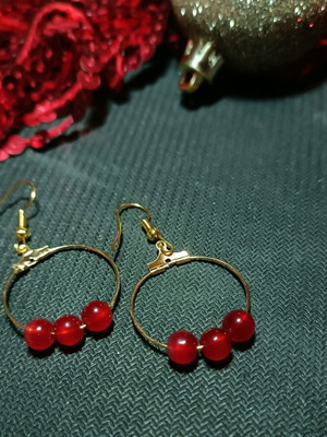 Handmade earrings gold-colored hoops with red stone new