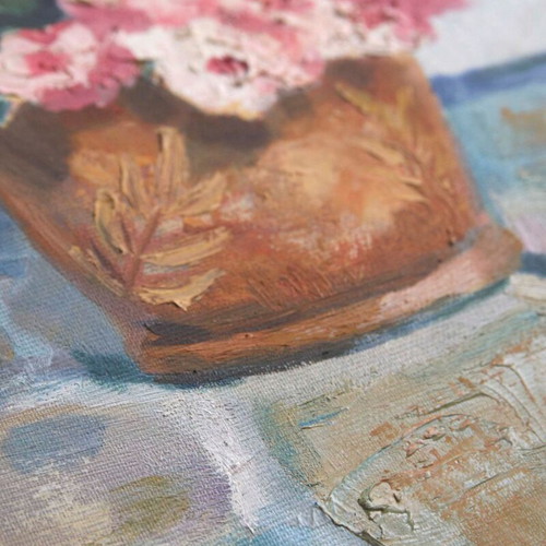 Oil painting on canvas 34x44 cm, flowers in Greek island landscape