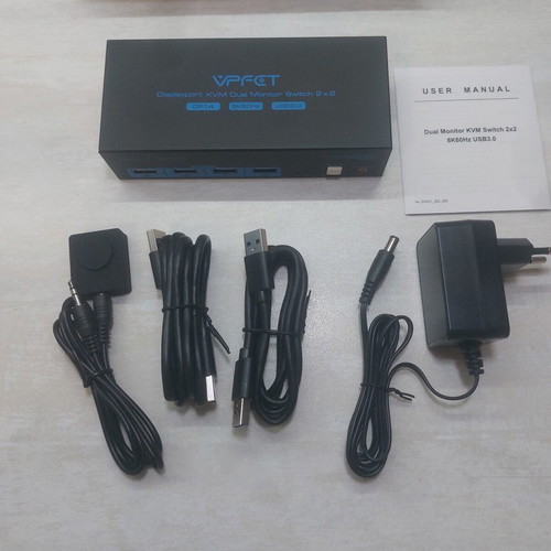VPFET VP-SW223 KVM switch for 2 monitors and 2 PCs, DisplayPort 1.4, 8K/4K, USB 3.0