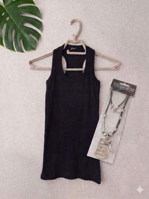 Black Ribbed Top with Y2K Groovy Crew Necklace gift, like new