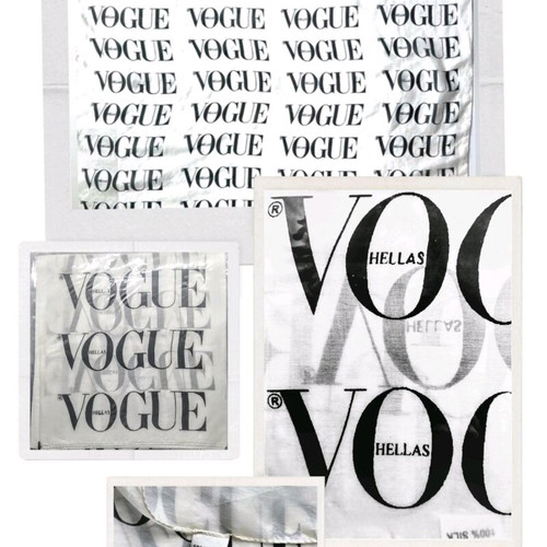 Vogue Hellas silk scarf new, black letters on white background