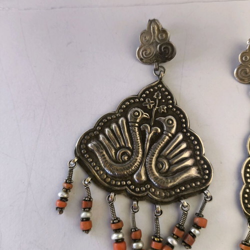 Large ethnik handmade silver earrings with coral and pearl like new