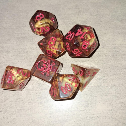 Amber skull D&D dice set with dice bag